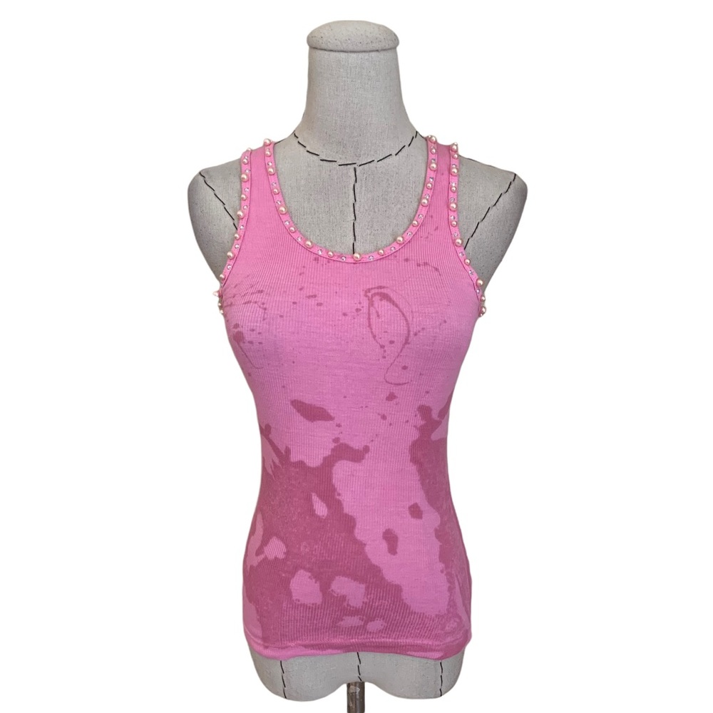 Vintage Y2k Bejeweled Pearl Rhinestone Pink Tank Top Paris Hilton Britney S/M